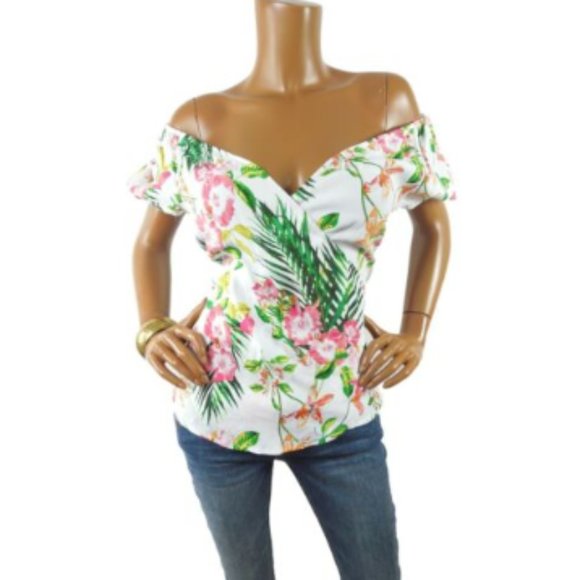 NEW YORK & CO Top M NWT White Floral On & Off the Shoulder Wrap Blouse Tie Waist - Picture 1 of 13